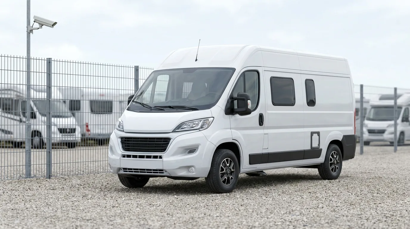 Illustration: Camper-Van auf einem gesicherten, videoüberwachten Abstellplatz