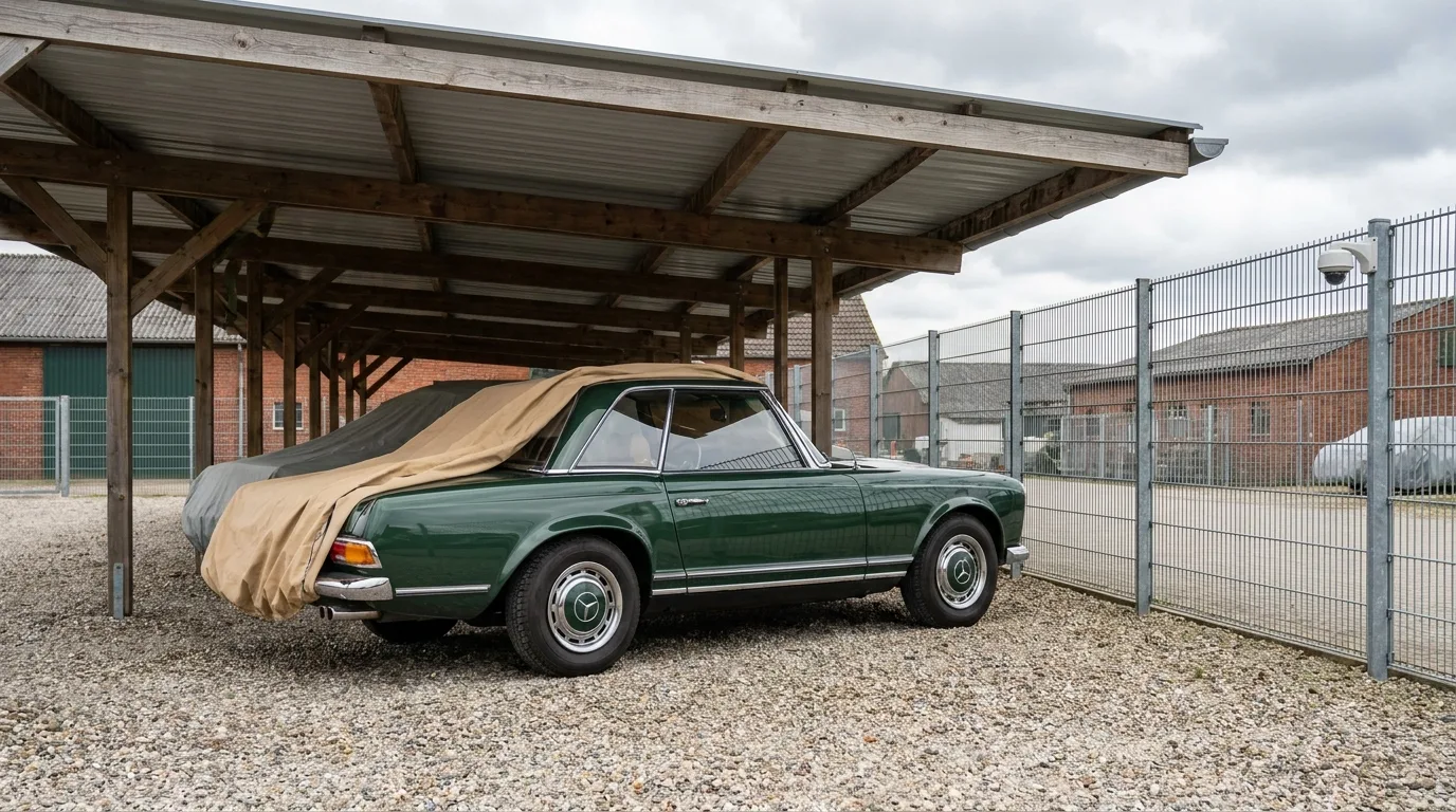 Illustration: Oldtimer unter Carport-Dach auf einem gesicherten Einlagerplatz
